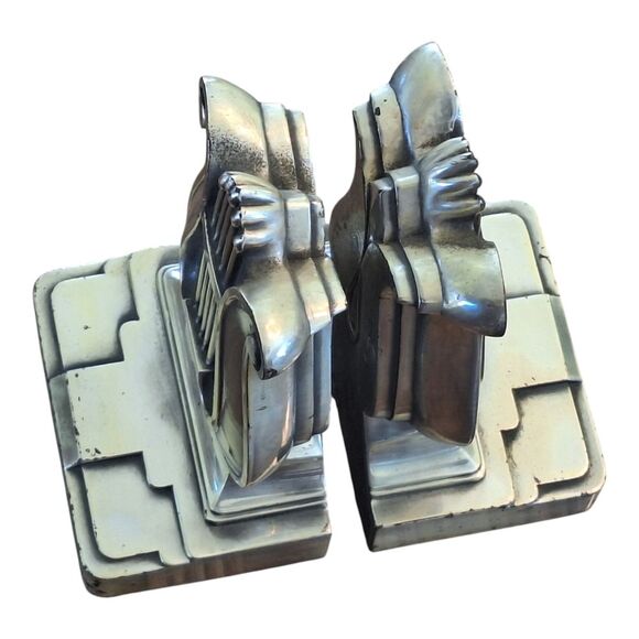 Harp Lyre Heavy Metal Art Deco Bookends Silver Toned Vintage PMC Made in USA - Picture 11 of 16